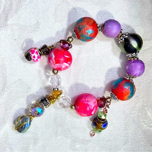 Handmade one-of-a-kind hand painted bracelet with charms ethnic tribal boho 3130 - Picture 1 of 9